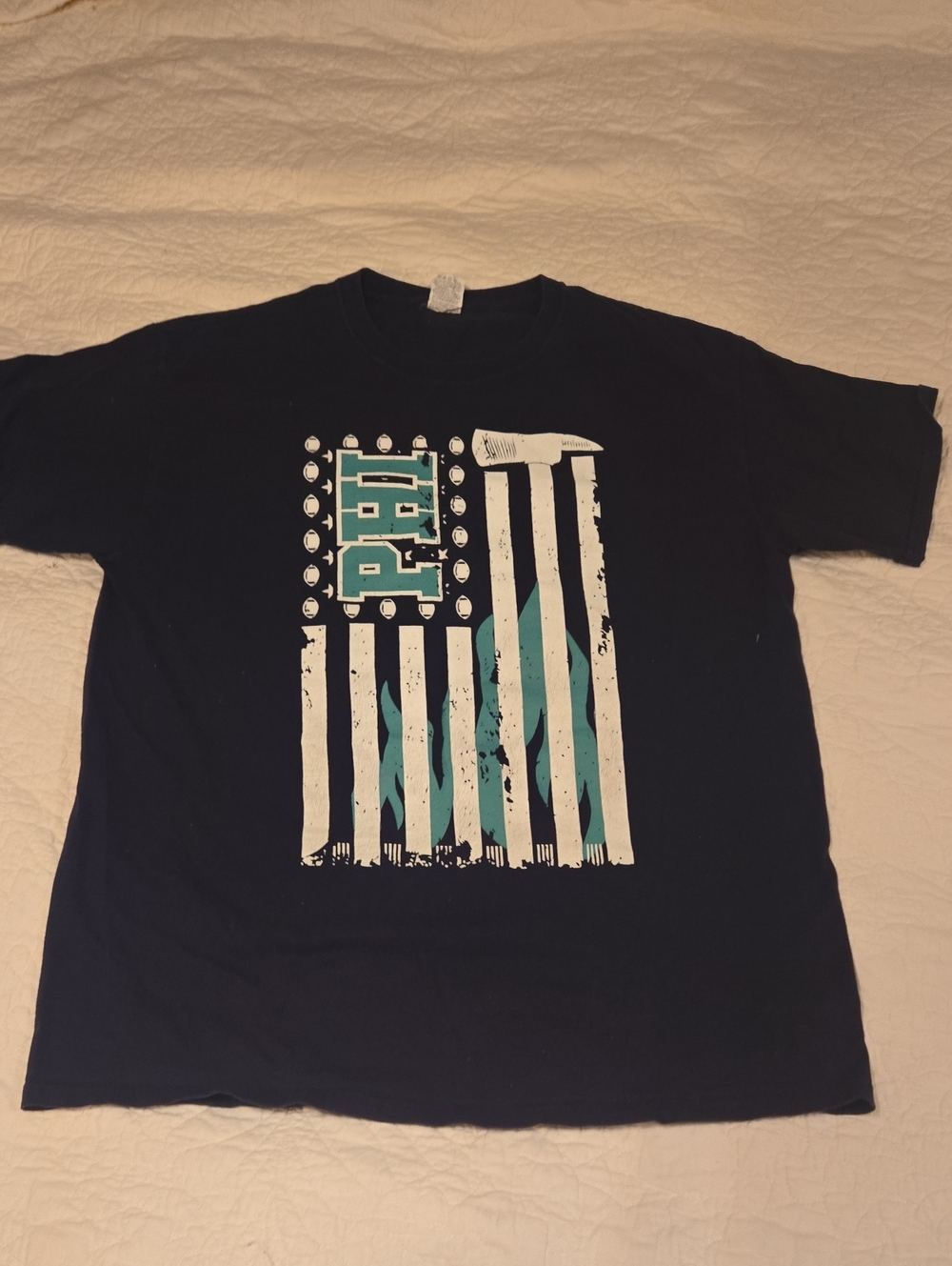 Black NFL Eagles firefighters Graphic Tee with White/TEAL Flag Design Adult S